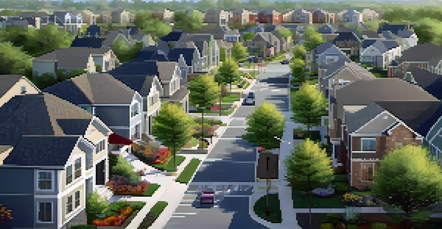 An aerial perspective of a mixed-use neighborhood with homes, shops, parks, and bike lanes.