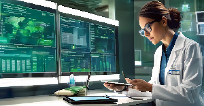A healthcare professional analyzing data on a tablet in a modern medical office filled with monitoring devices and natural light.