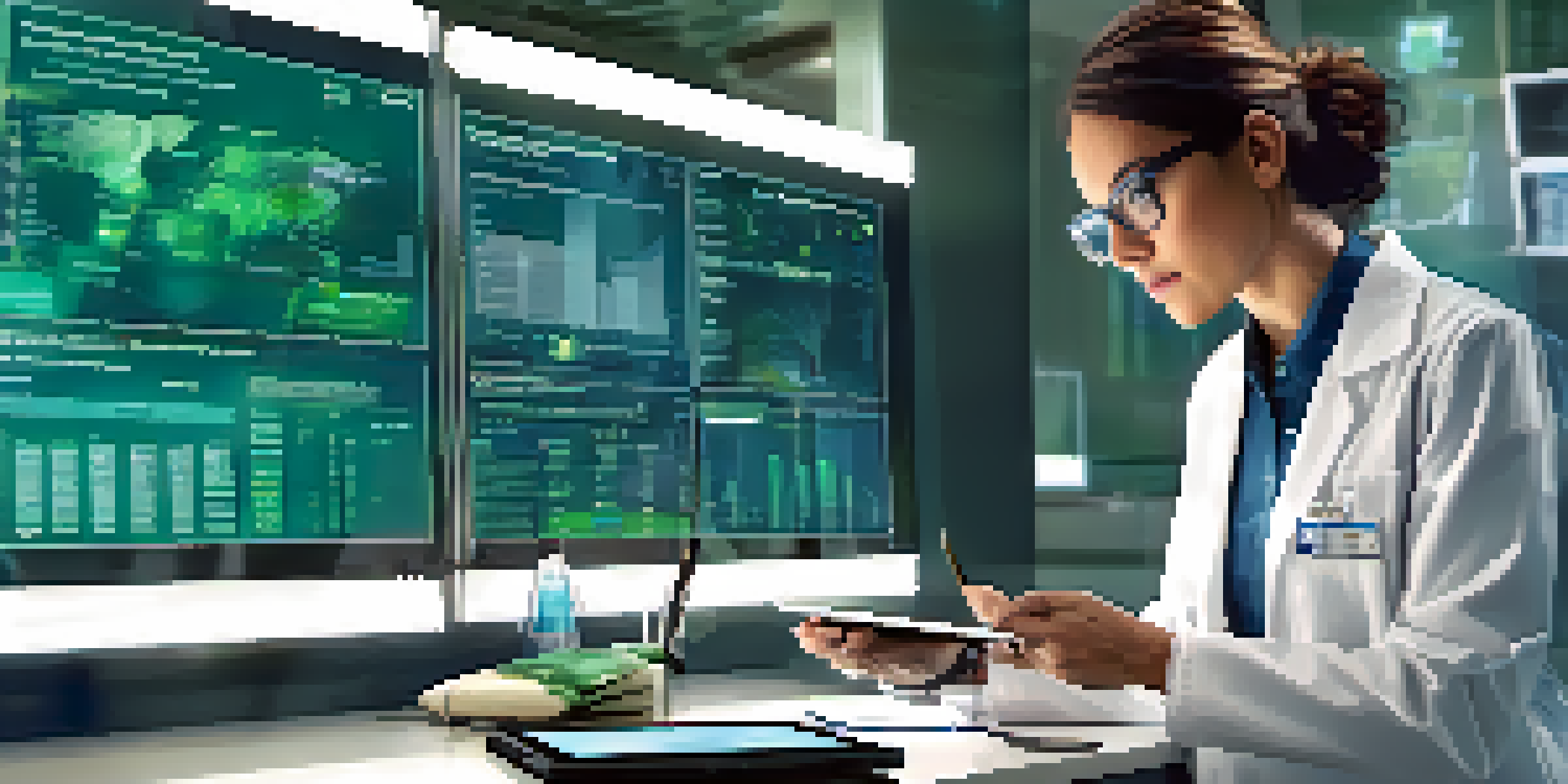 A healthcare professional analyzing data on a tablet in a modern medical office filled with monitoring devices and natural light.