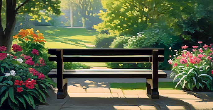 A peaceful garden filled with colorful flowers and green plants under soft sunlight, with a wooden bench in the background.
