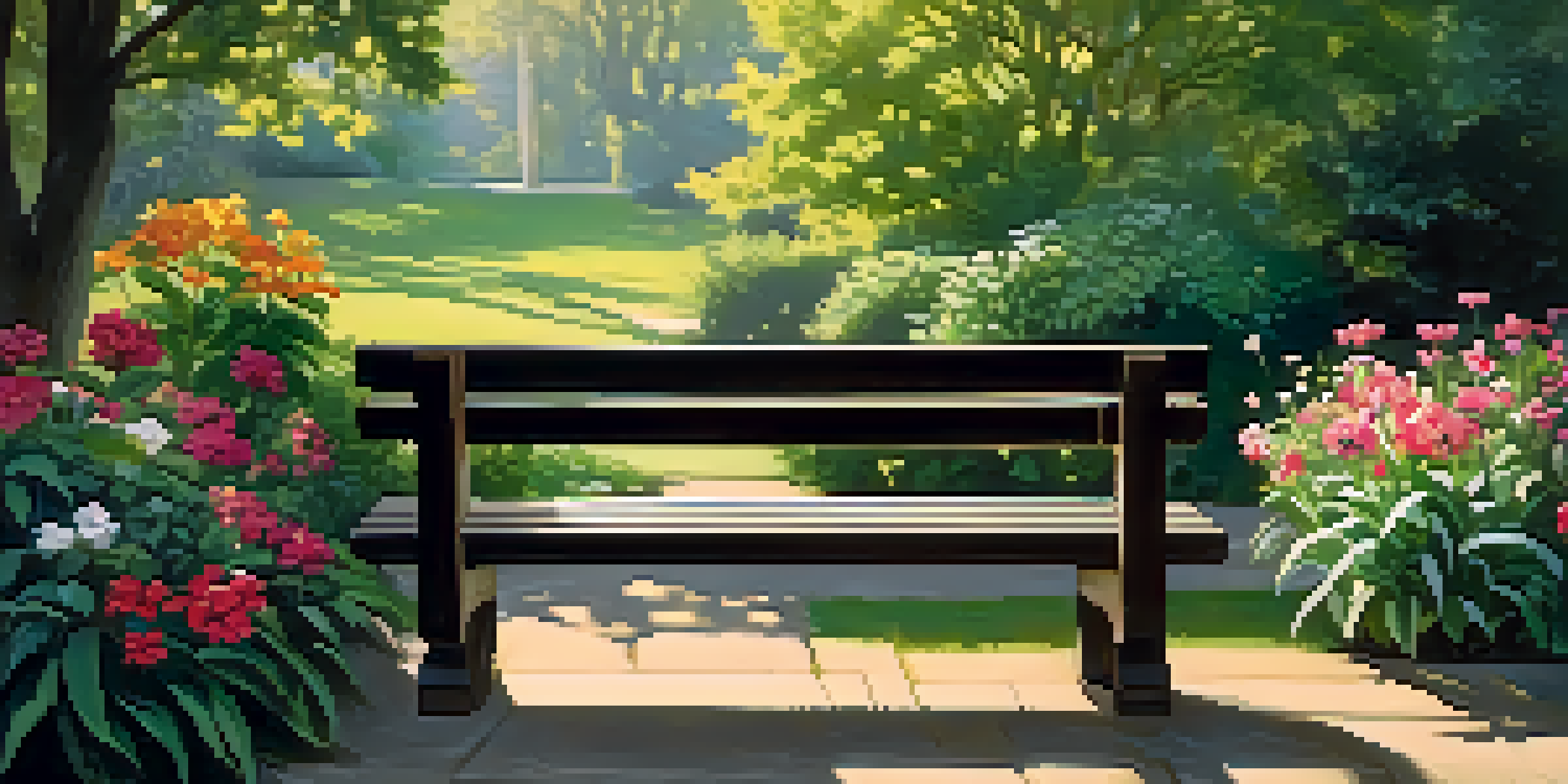 A peaceful garden filled with colorful flowers and green plants under soft sunlight, with a wooden bench in the background.