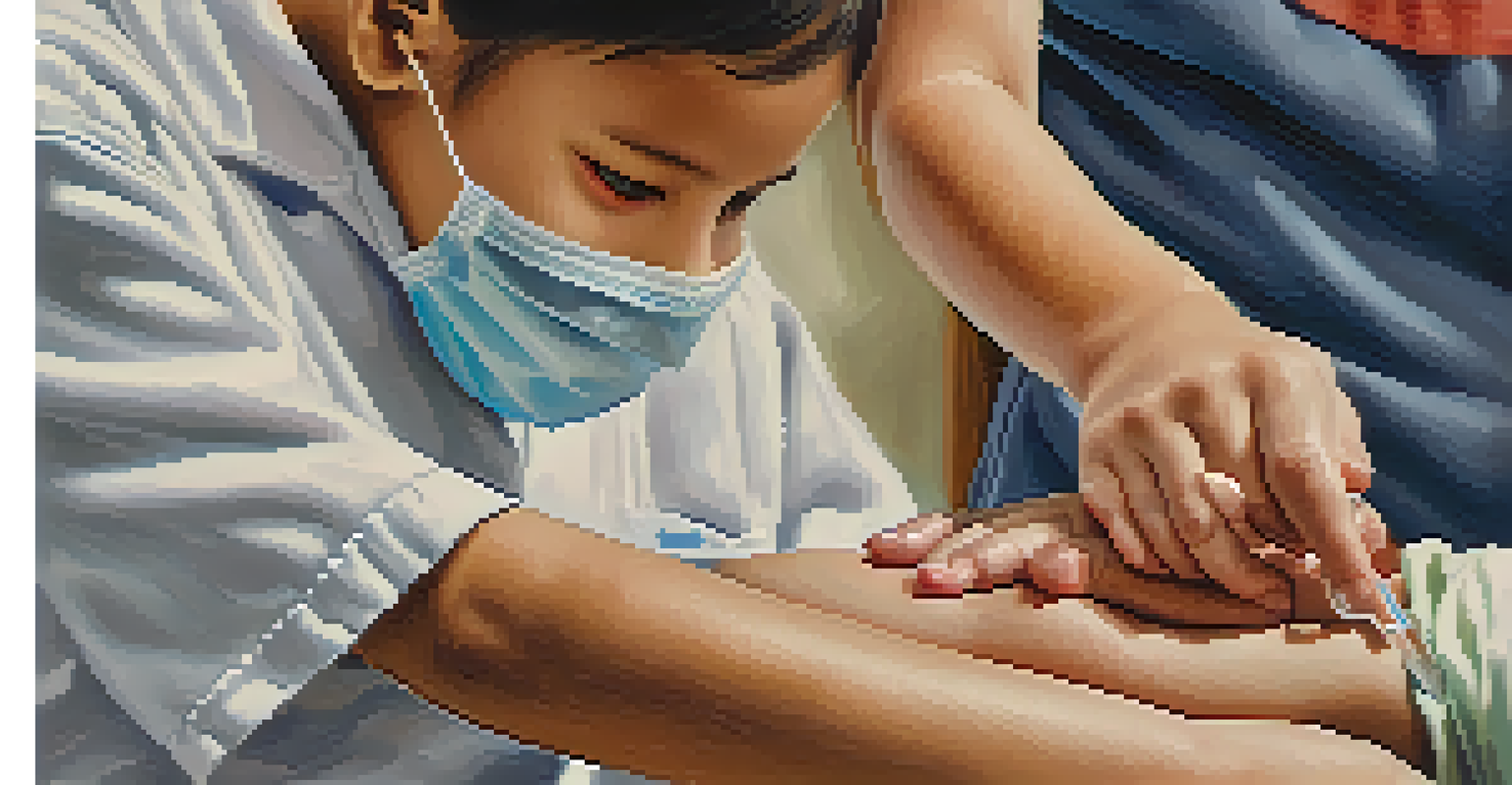 A healthcare provider gently gives a vaccination to a child's arm, focusing on the caring aspect of the procedure.