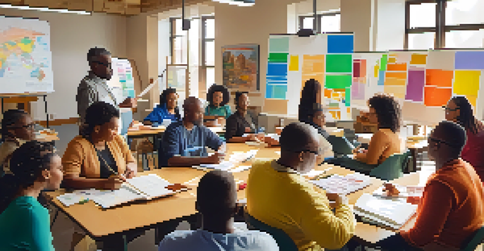 A community workshop with diverse participants learning about financial literacy, featuring colorful charts and a facilitator at a whiteboard.