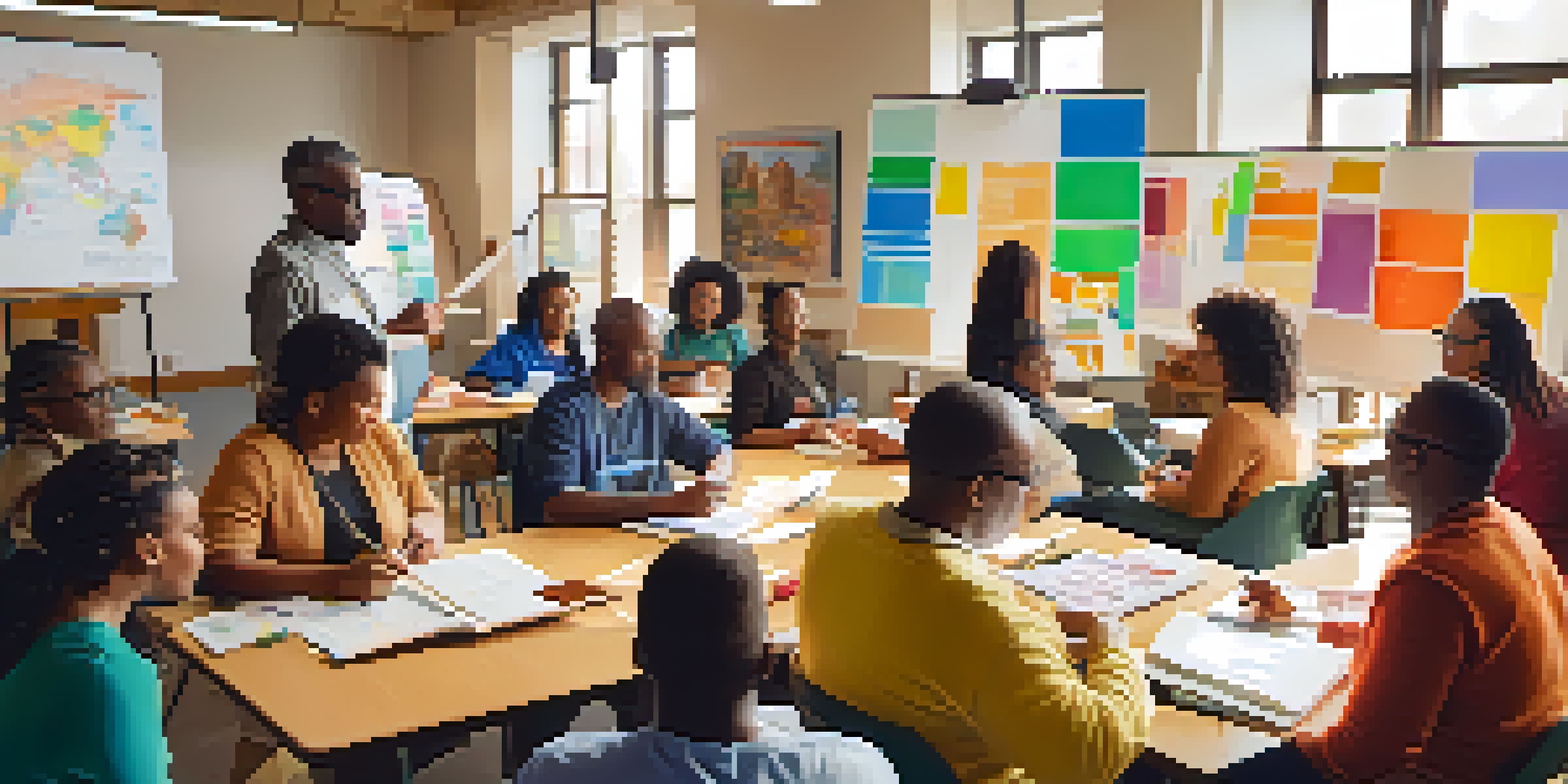 A community workshop with diverse participants learning about financial literacy, featuring colorful charts and a facilitator at a whiteboard.