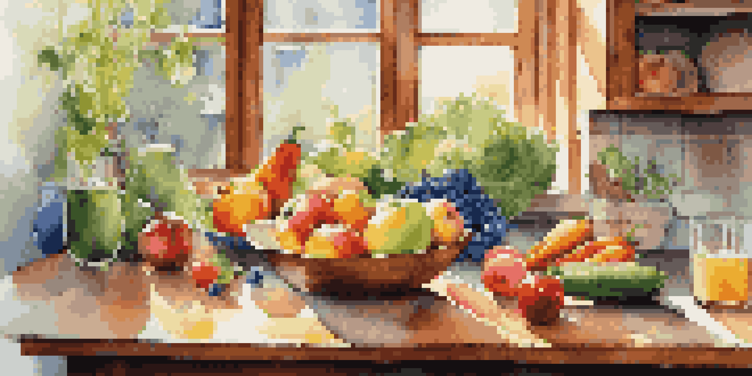 A kitchen table filled with fresh fruits and vegetables, a glass of water, and a notebook, illuminated by sunlight.