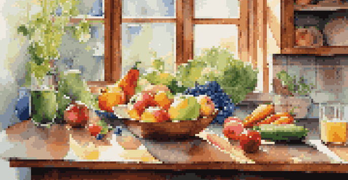 A kitchen table filled with fresh fruits and vegetables, a glass of water, and a notebook, illuminated by sunlight.