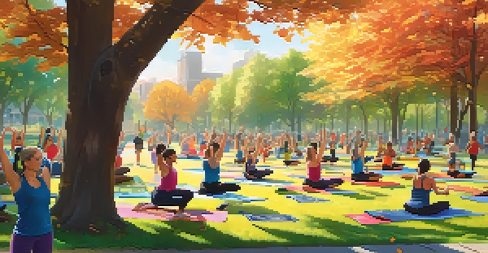 A lively community fitness event in a park with diverse people participating in yoga, jogging, and group exercises under warm sunlight.