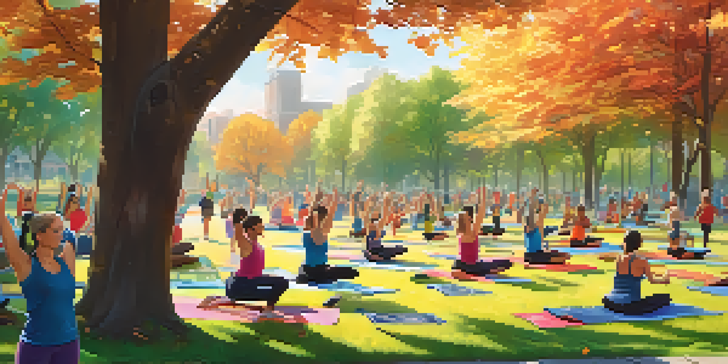 A lively community fitness event in a park with diverse people participating in yoga, jogging, and group exercises under warm sunlight.