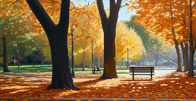 A person sitting on a park bench in an autumn landscape, surrounded by colorful leaves and soft sunlight.