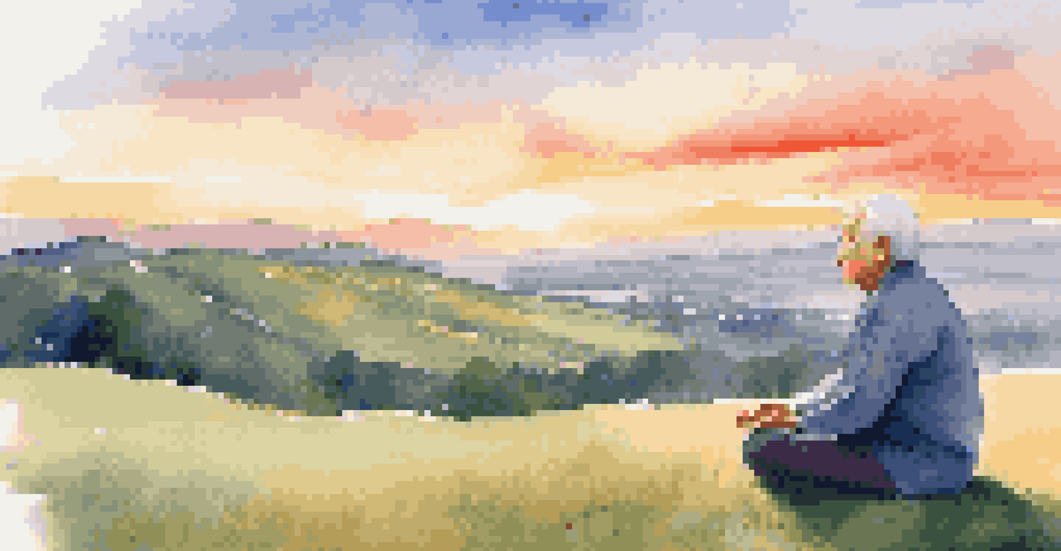 An older individual meditating peacefully on a hilltop with a sunset view, embodying tranquility and connection with nature.