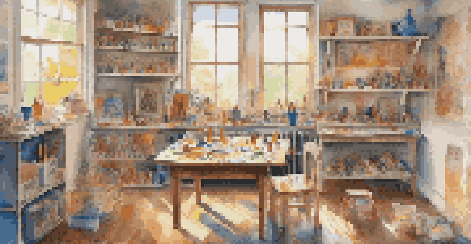 A cozy indoor space with children's art supplies and colorful artwork on the walls.