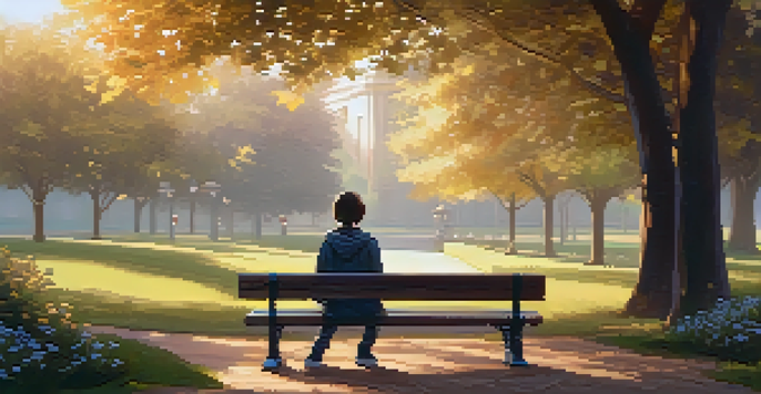 A young person sitting on a bench in a park, looking at a small memorial of flowers and candles in the early morning light.