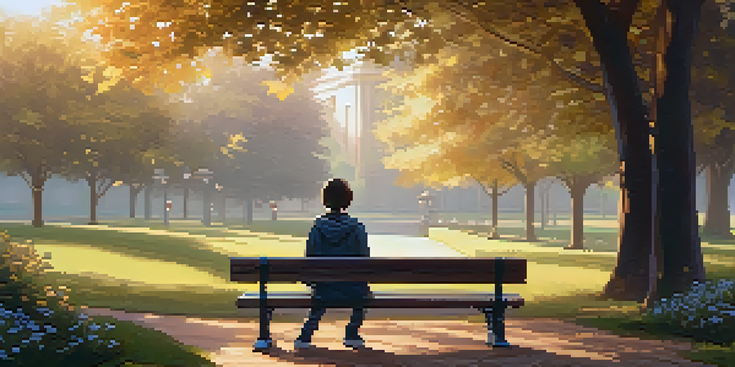 A young person sitting on a bench in a park, looking at a small memorial of flowers and candles in the early morning light.