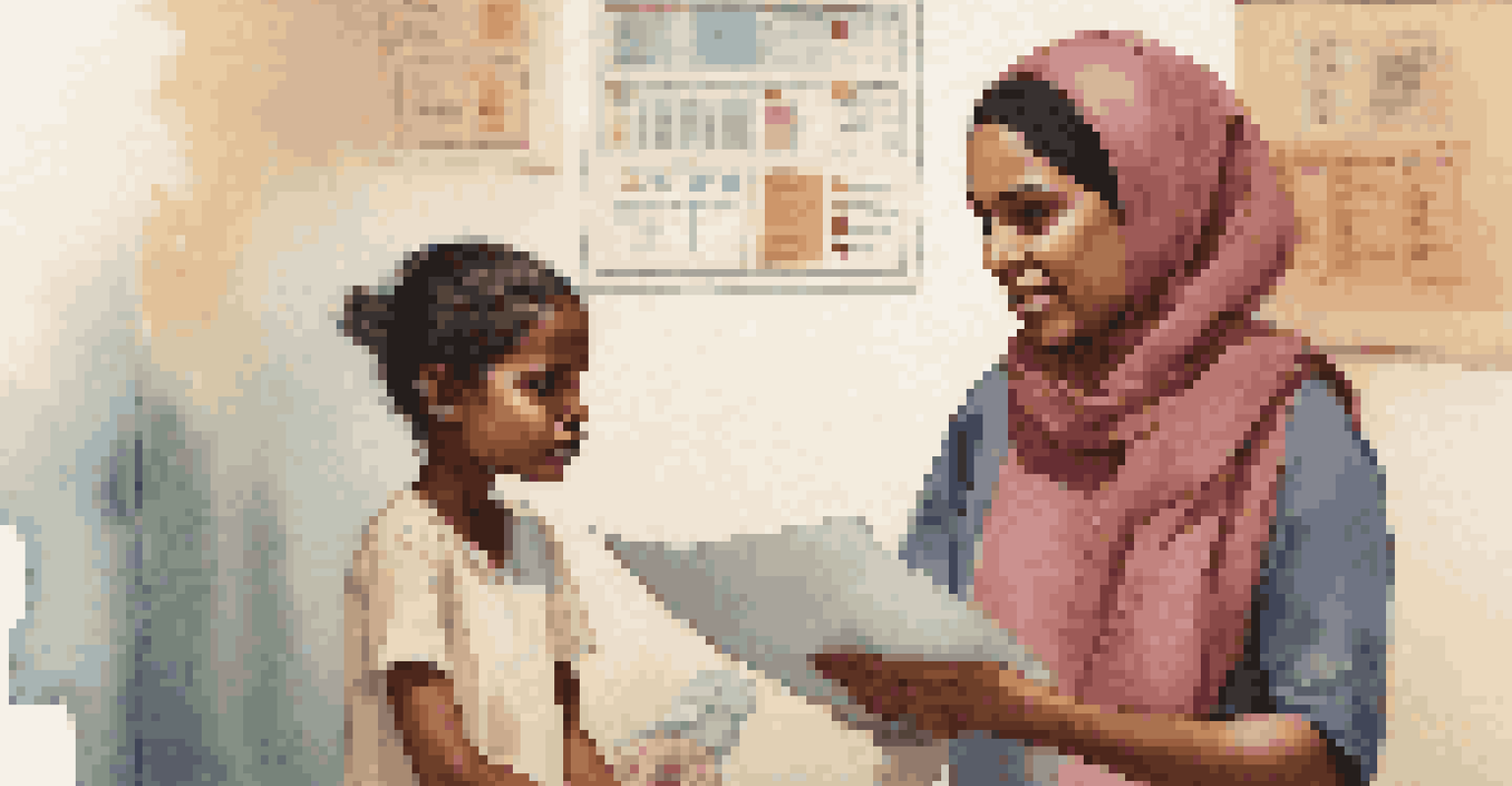 A healthcare provider showing a health chart to a refugee woman with a child. The provider is using gestures to explain, and the background is a warm, inviting clinic.