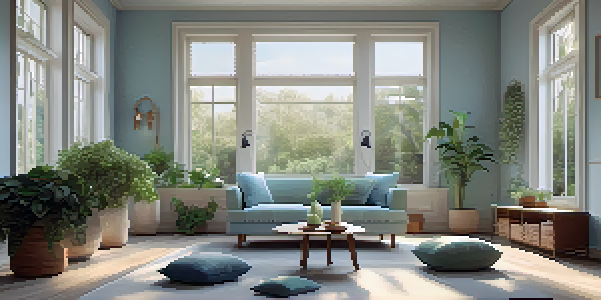 A tranquil home space with soft lighting, calming colors, plants, and a meditation corner.