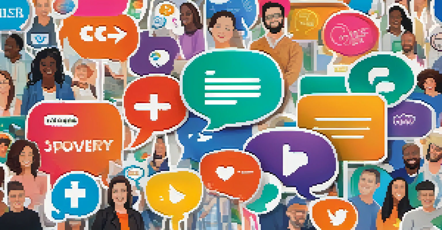 A colorful illustration of an online community with speech bubbles of positive affirmations and social media icons, representing mental health support.
