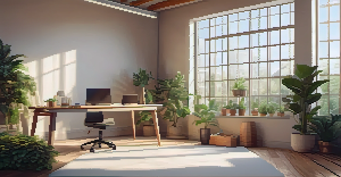 A person meditating on a yoga mat in a bright office filled with plants and natural light, creating a calming and focused environment.