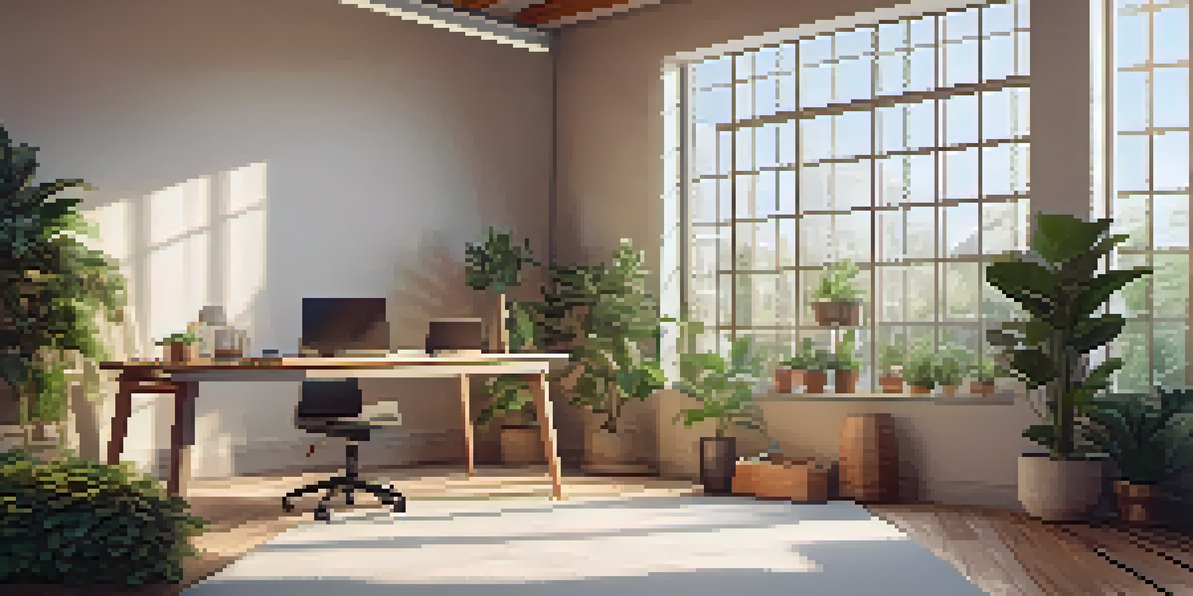 A person meditating on a yoga mat in a bright office filled with plants and natural light, creating a calming and focused environment.