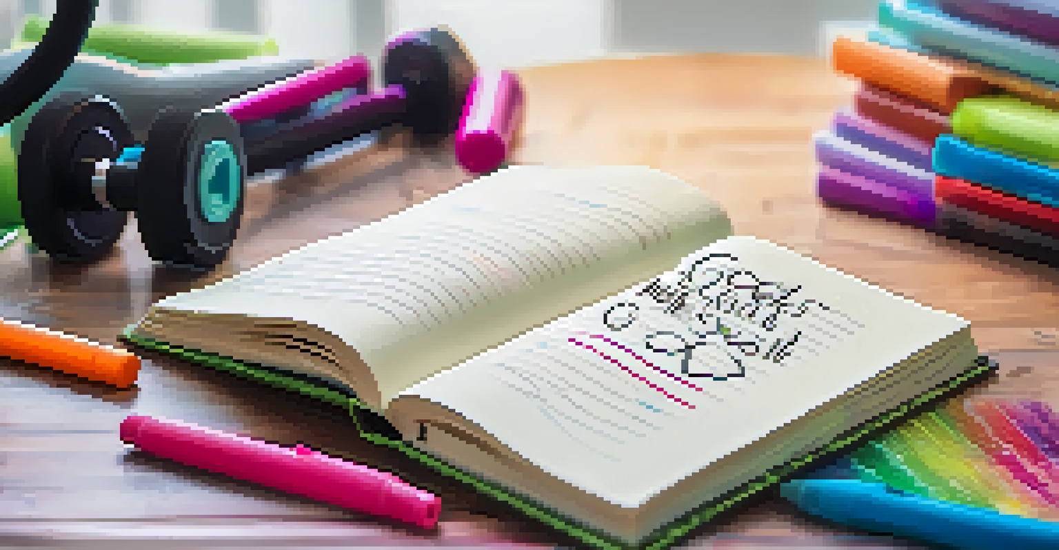 A close-up of a hand writing fitness goals in a journal with colorful markers and gym equipment in the background.