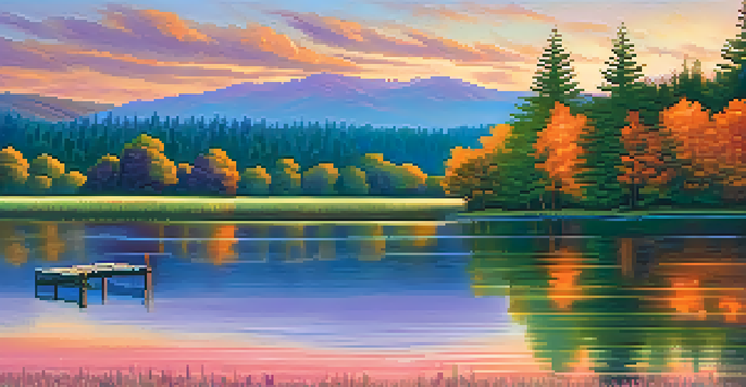 A peaceful sunset over a lake, with colorful reflections and a wooden dock.