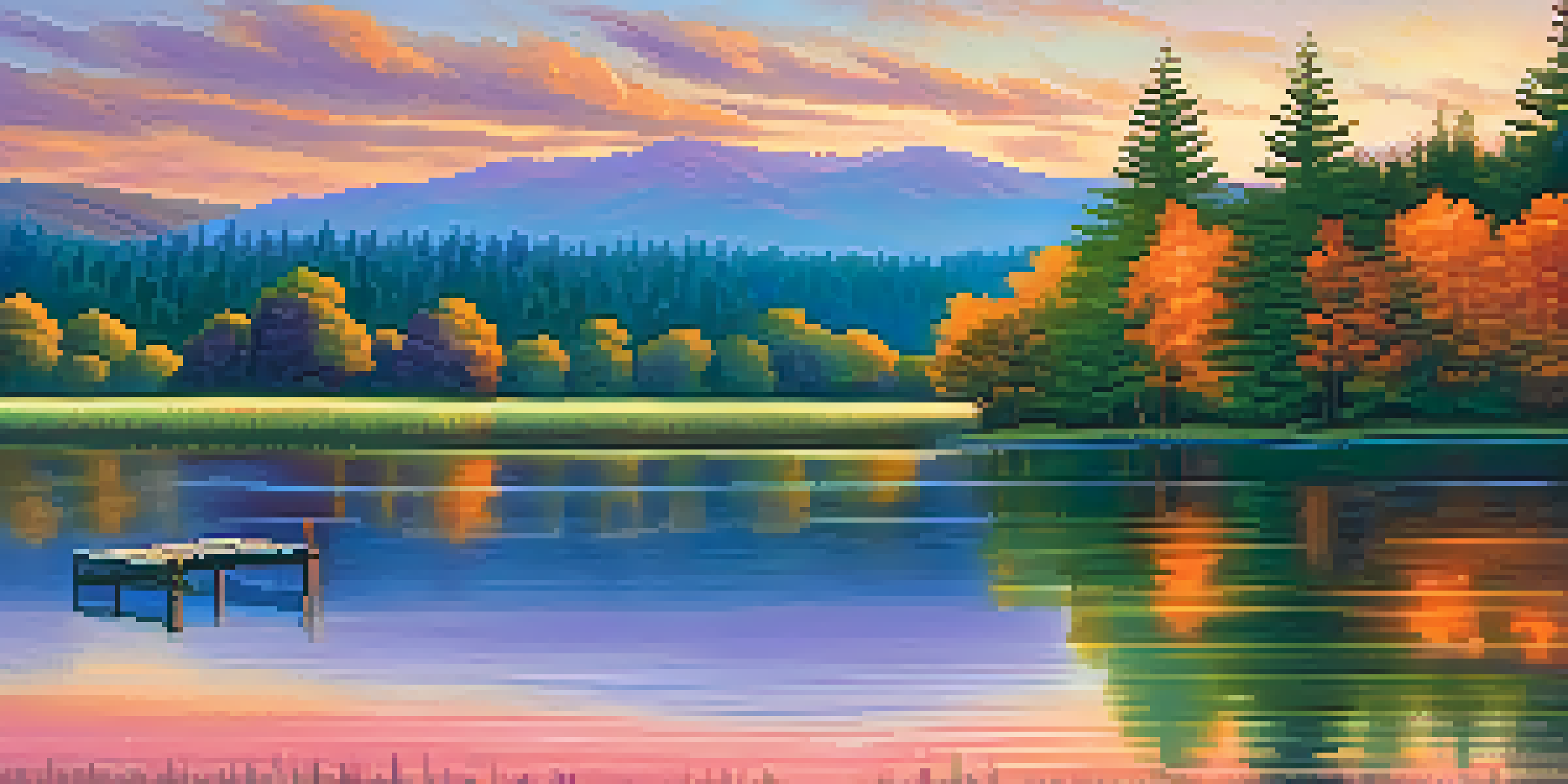 A peaceful sunset over a lake, with colorful reflections and a wooden dock.