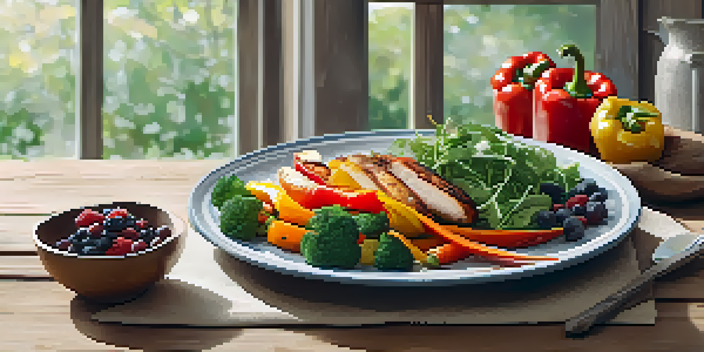 A balanced plate with colorful vegetables, grilled chicken, quinoa, and mixed berries on a rustic wooden table illuminated by sunlight.