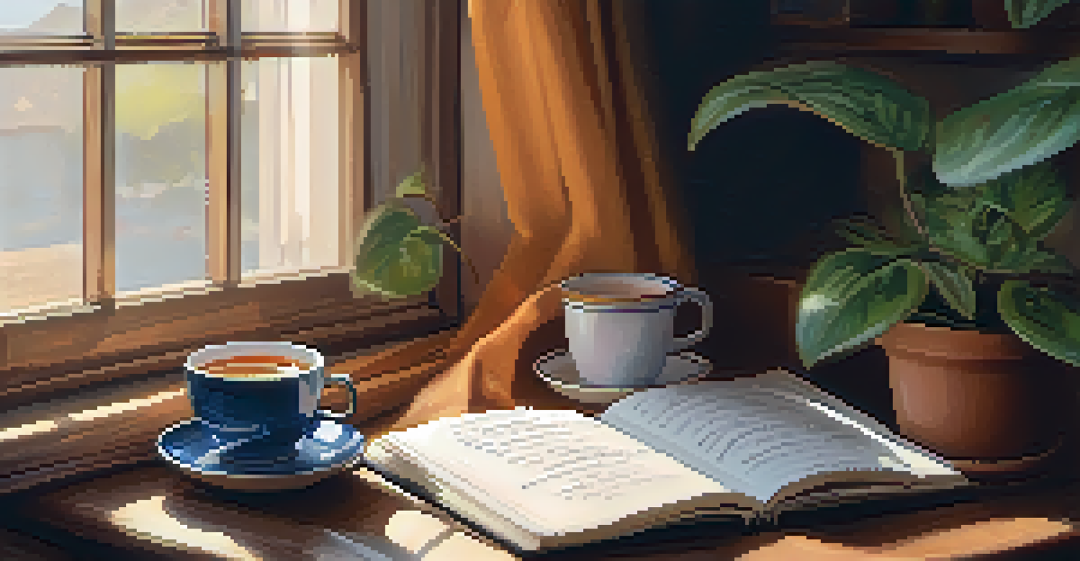 A person writing in a journal by a window with a cup of tea and a potted plant, creating a cozy atmosphere.