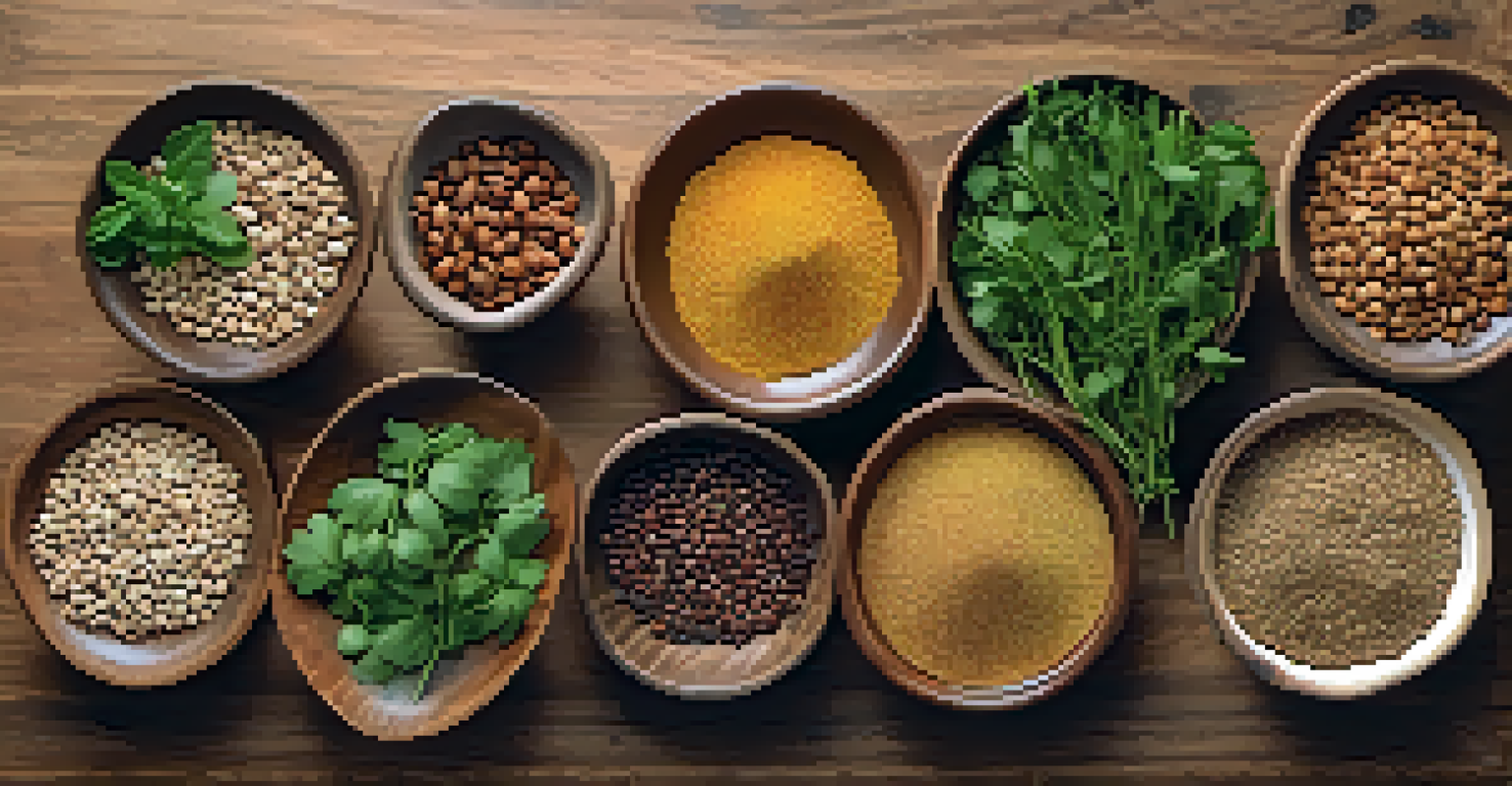 An overhead view of a wooden table displaying bowls of grains, legumes, nuts, and seeds, along with fresh herbs and spices.