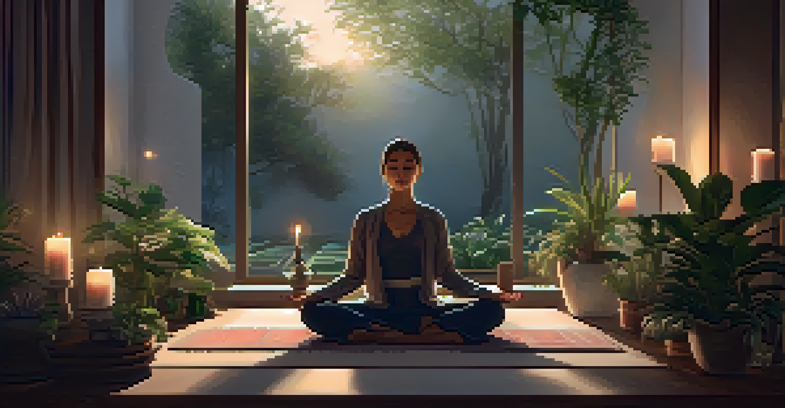 A person meditating in a tranquil room filled with cushions and plants, promoting relaxation and sleep hygiene.