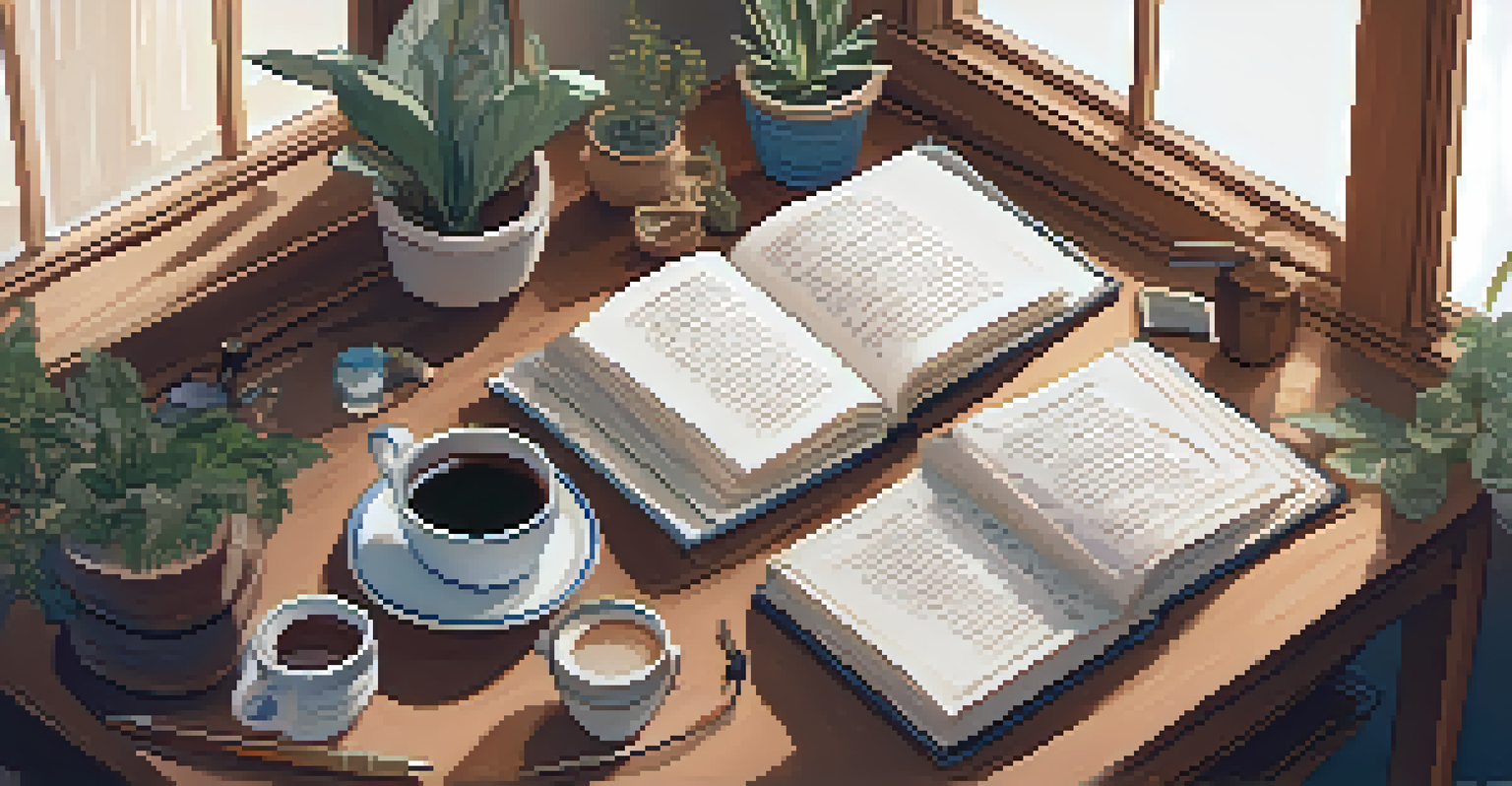 A cozy room with a person journaling at a desk, surrounded by plants and a cup of tea.