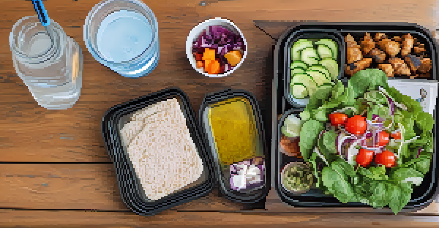 An overhead view of a healthy travel meal with salad, grilled chicken, and herbal remedies.