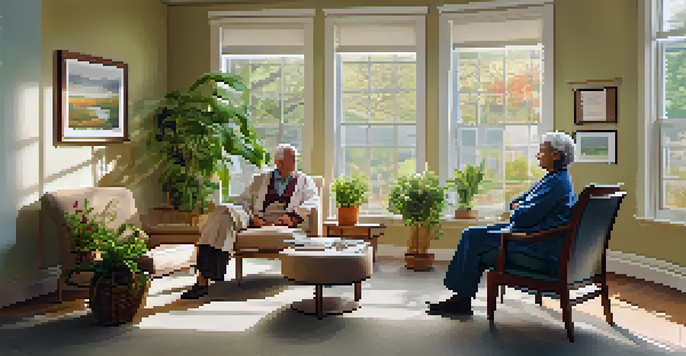 A warm doctor's office with a senior couple talking to a healthcare provider, surrounded by plants and natural light.