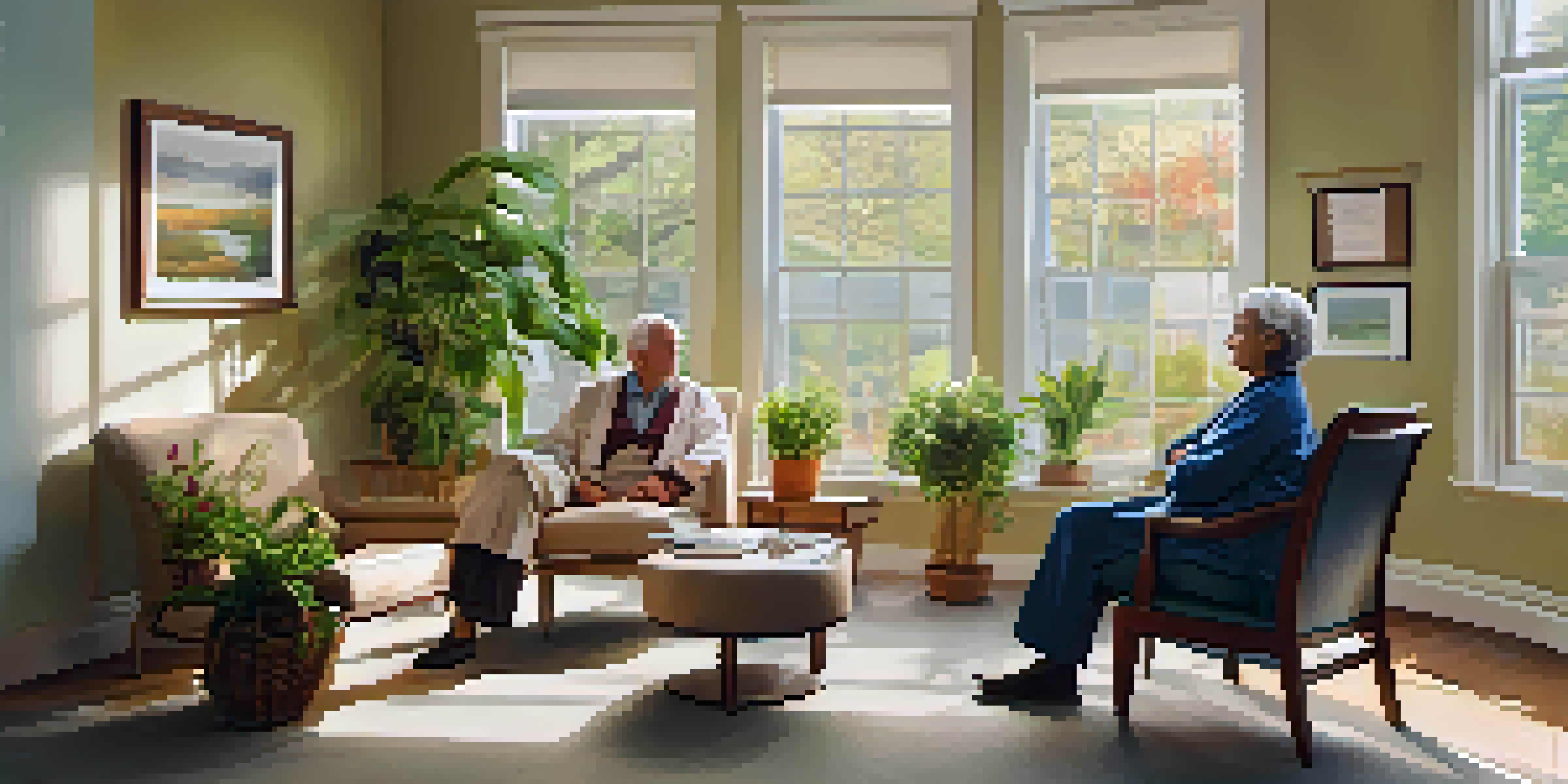 A warm doctor's office with a senior couple talking to a healthcare provider, surrounded by plants and natural light.