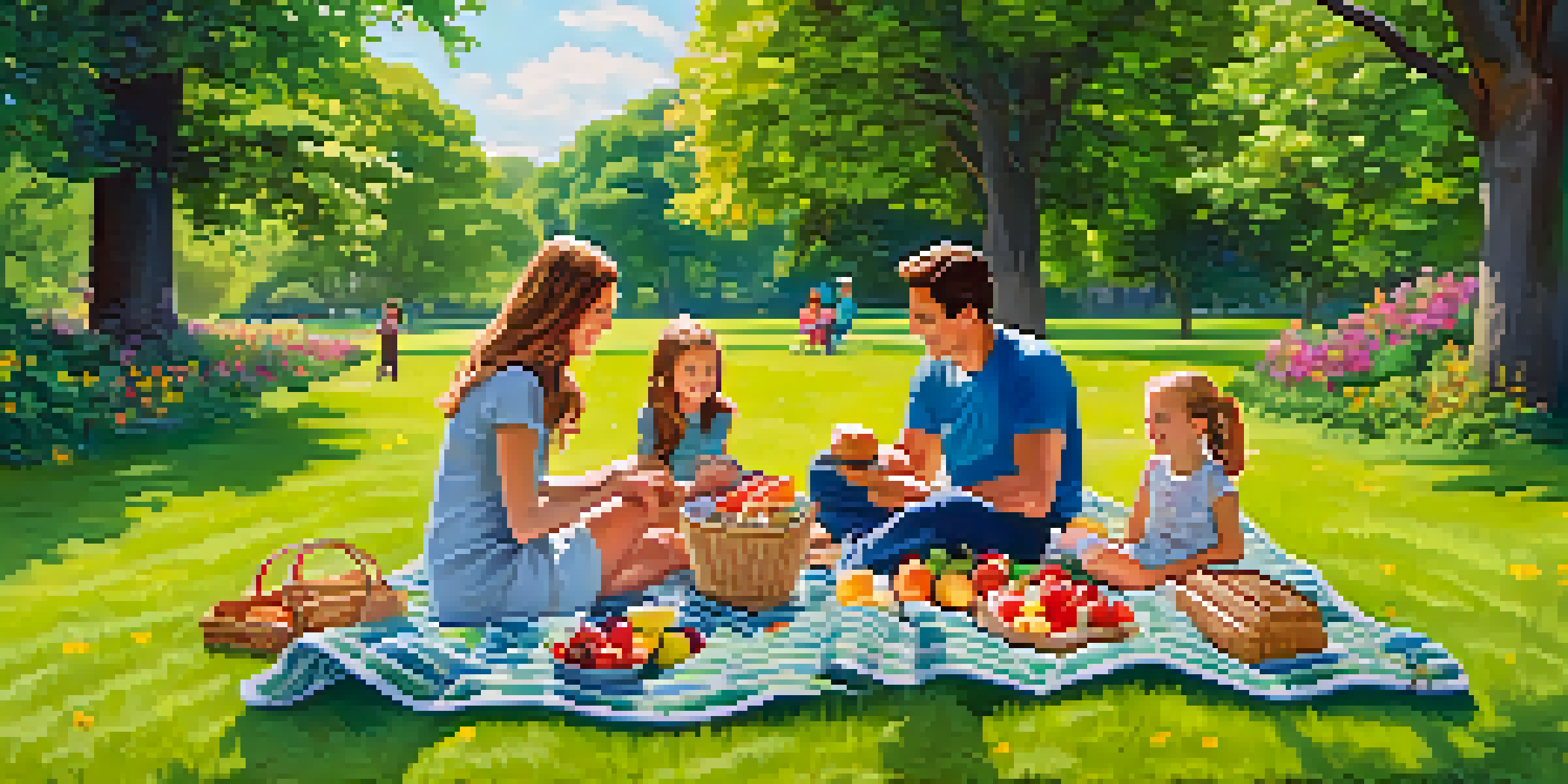 A family having a picnic in a green park, with a blanket, food basket, and children playing.