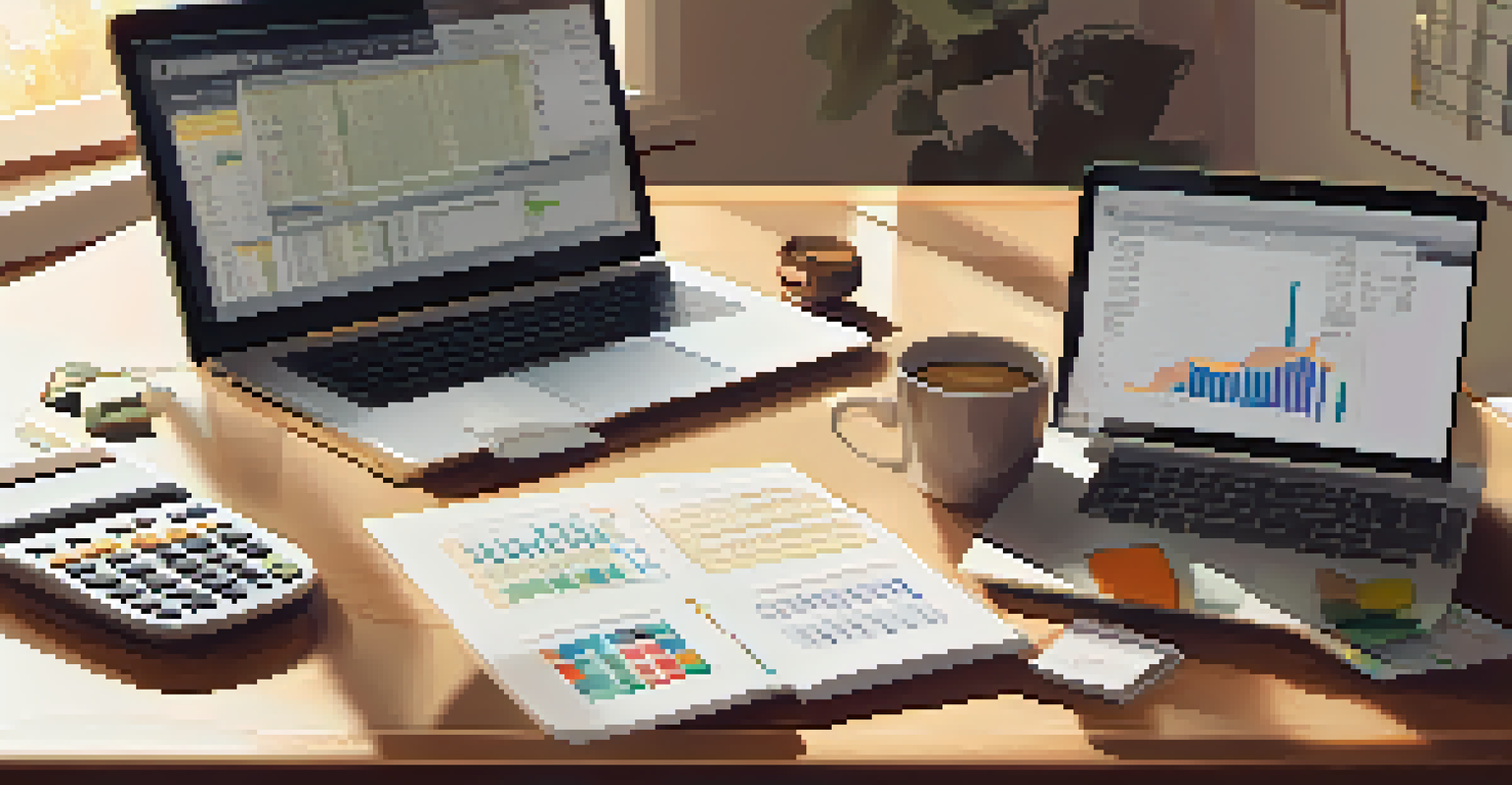 An organized workspace with a laptop, coins, and a calculator, representing budgeting and financial planning.