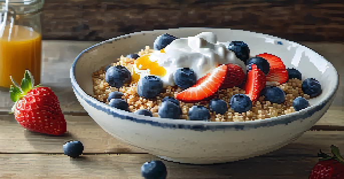 A colorful breakfast bowl with quinoa, yogurt, strawberries, blueberries, and honey on a wooden table.