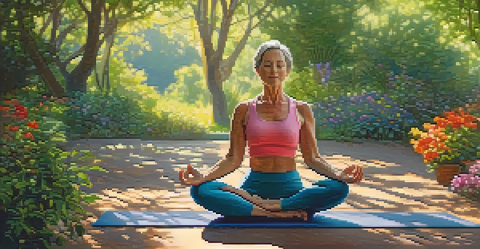 A middle-aged woman practicing yoga outdoors in a green environment, with sunlight filtering through trees.