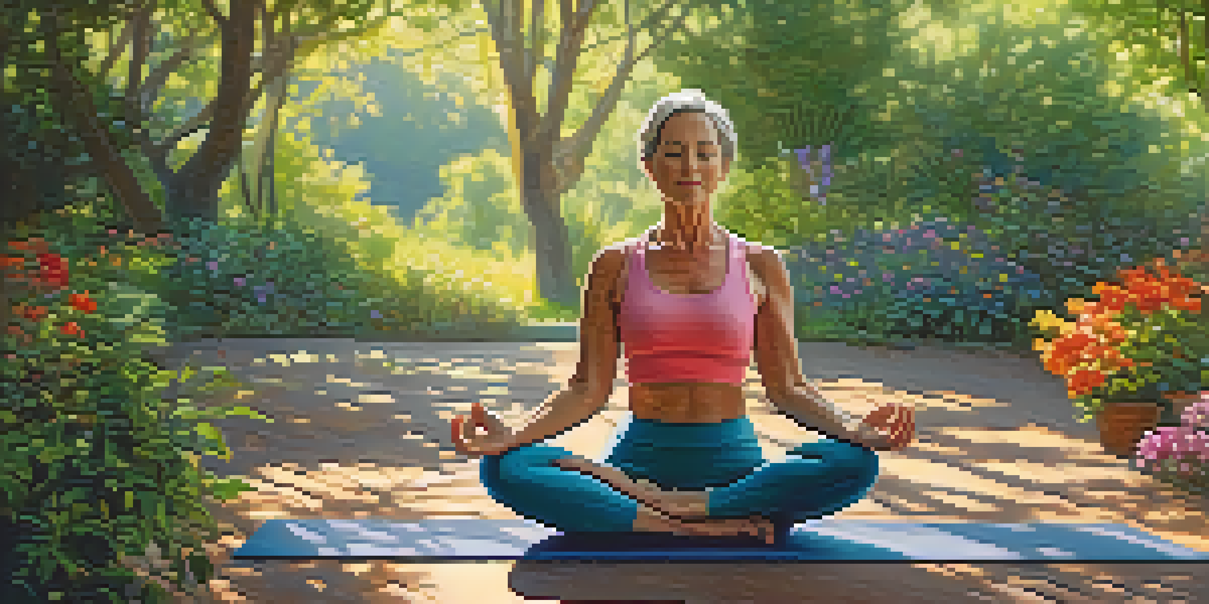 A middle-aged woman practicing yoga outdoors in a green environment, with sunlight filtering through trees.