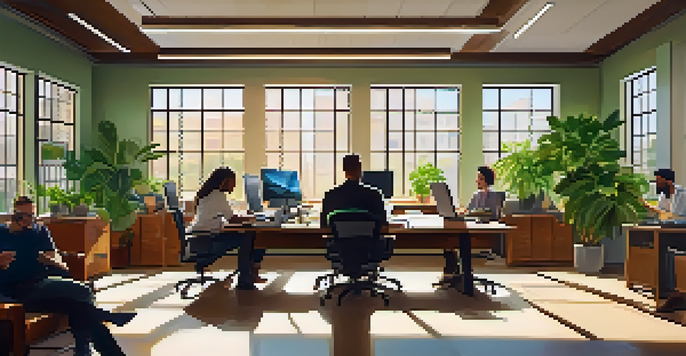 A bright office with a diverse group of employees having a collaborative meeting around a wooden table, filled with plants and sunlight.