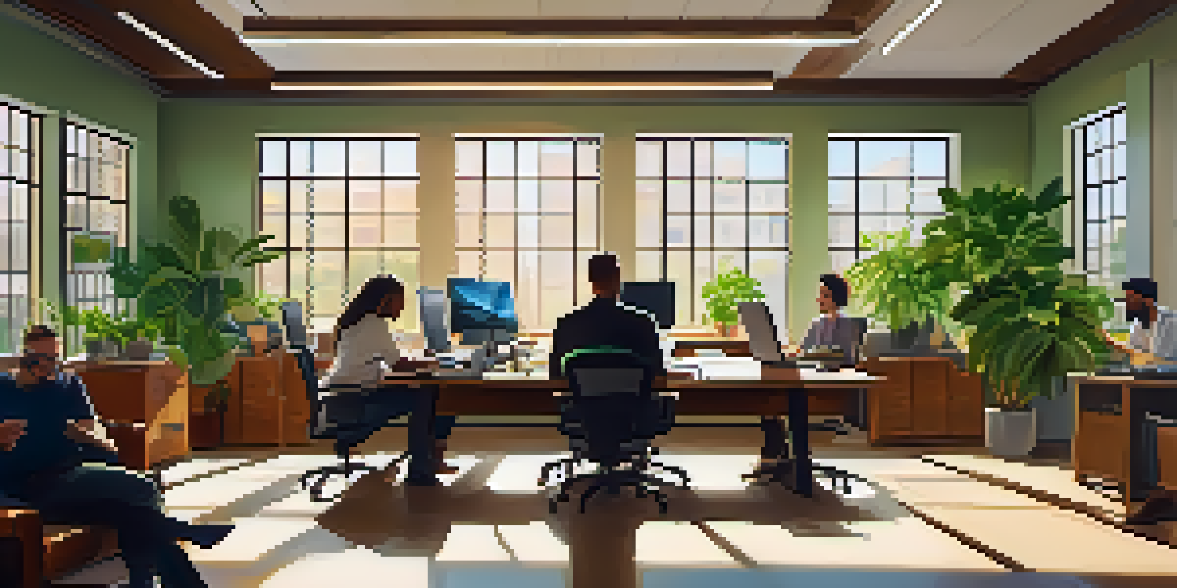 A bright office with a diverse group of employees having a collaborative meeting around a wooden table, filled with plants and sunlight.