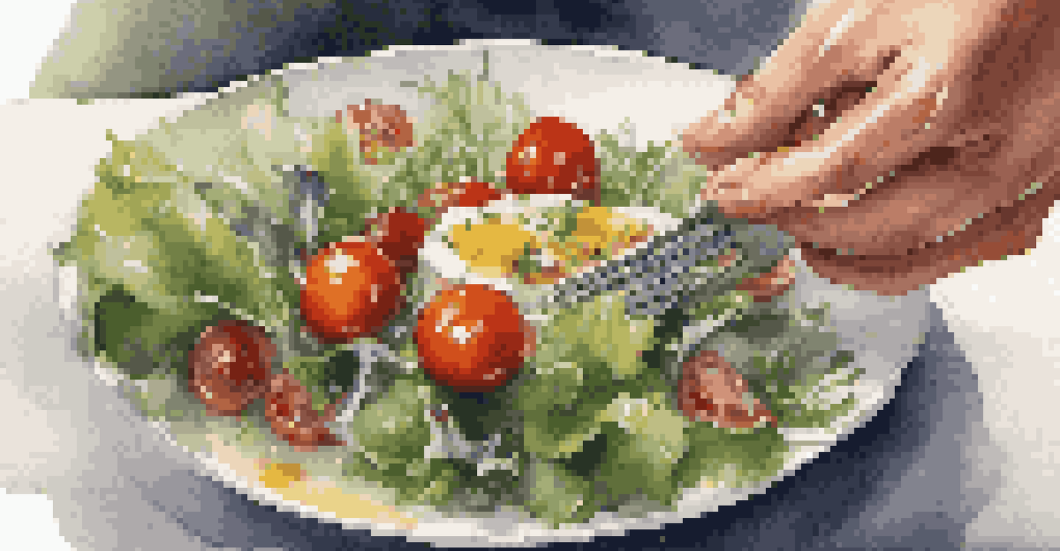 A close-up view of a fork with a colorful salad, highlighting fresh ingredients and warm, inviting lighting.