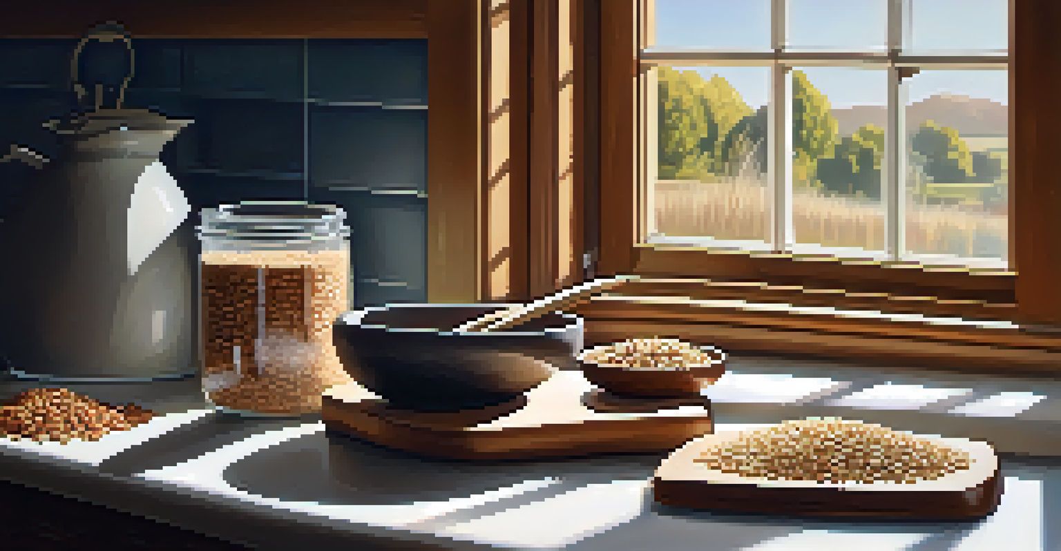 A kitchen counter with whole grains, including brown rice and quinoa, and a bowl of mixed nuts, illuminated by sunlight.