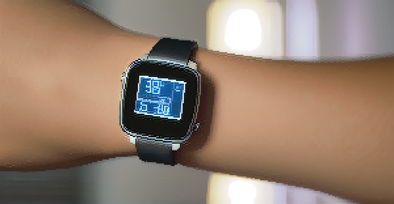 A close-up of a wearable actigraphy device on a wrist, showing sleep data against a softly lit bedroom background.