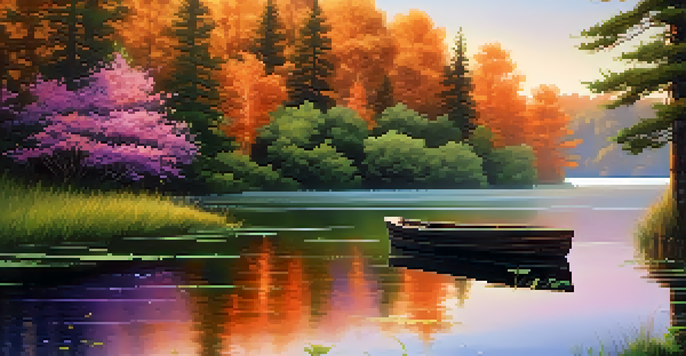 A peaceful sunrise over a calm lake, with lush green trees and wildflowers along the shore, and a small wooden boat floating on the water.