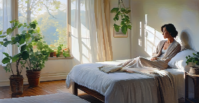 A woman in her early 50s sitting on the edge of a bed in a sunlit bedroom, sipping herbal tea, surrounded by plants and soft pastel colors.