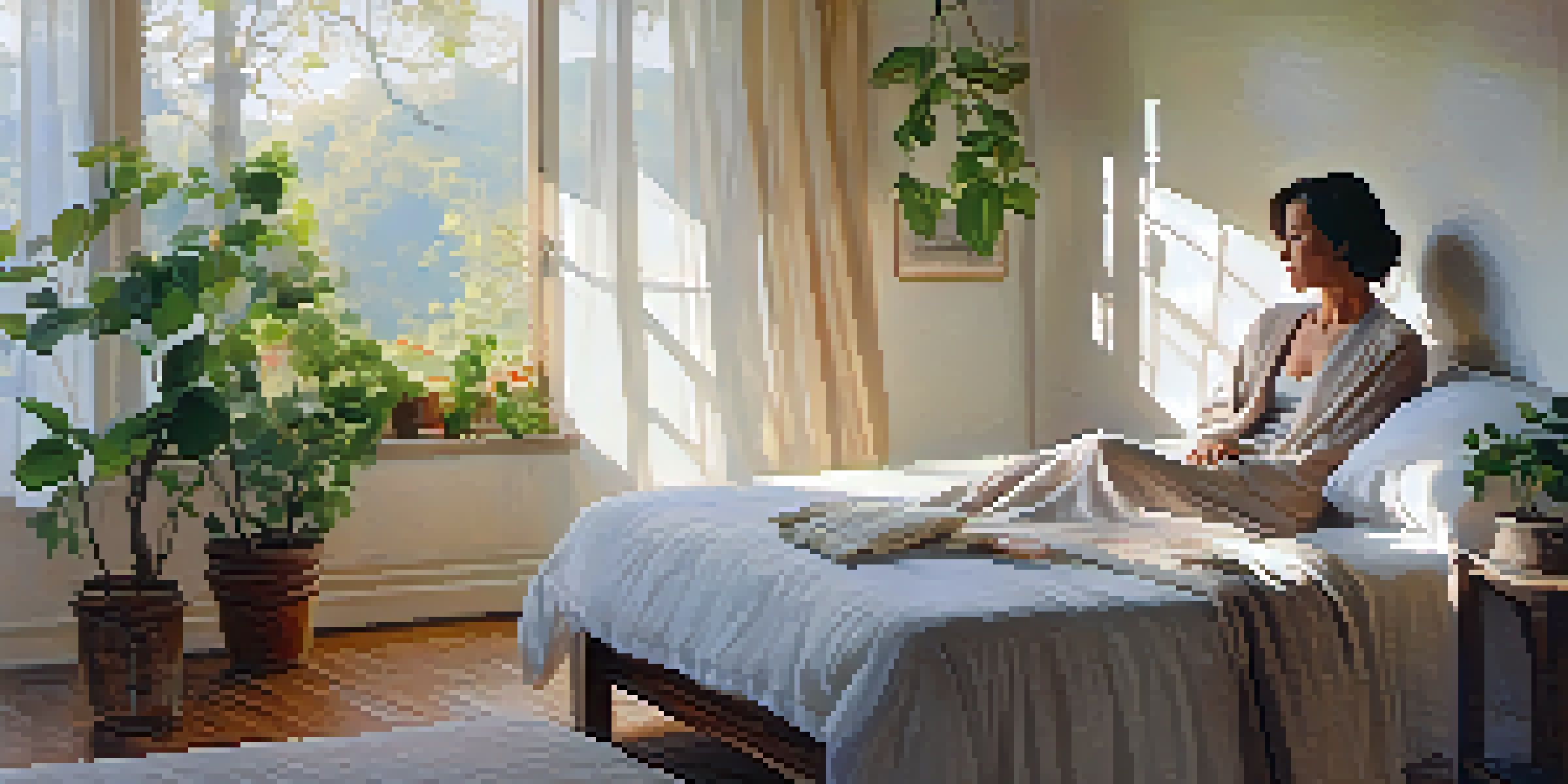 A woman in her early 50s sitting on the edge of a bed in a sunlit bedroom, sipping herbal tea, surrounded by plants and soft pastel colors.