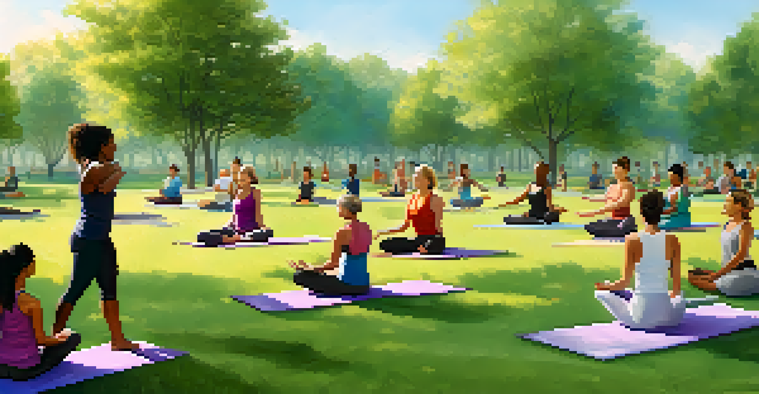 A diverse group of people practicing yoga outdoors in a park setting, led by an instructor.