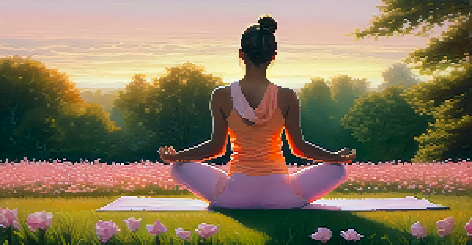 A person doing yoga in a serene outdoor setting at sunset, surrounded by nature and vibrant colors.
