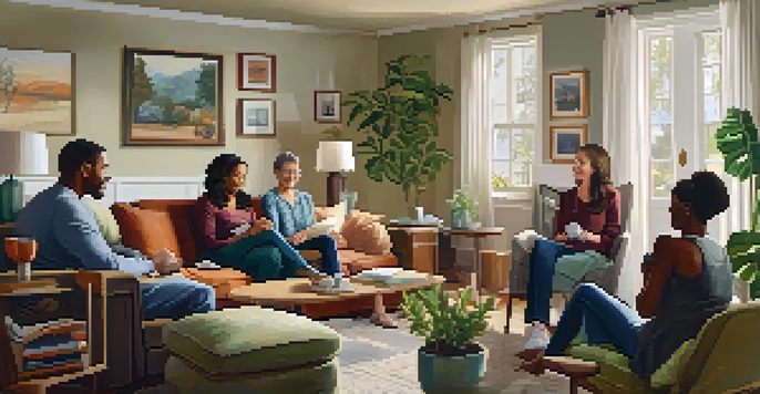 A diverse group of people in a cozy living room discussing health and wellness together.