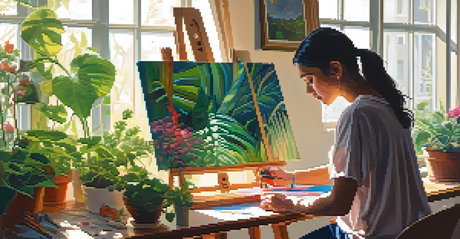 A person painting in a bright room filled with plants and art supplies, with a colorful abstract painting on the canvas.
